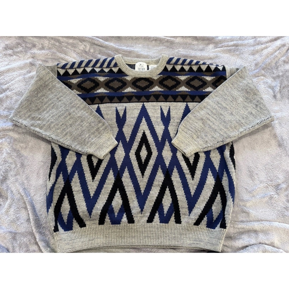Vintage 90s Together Mens XL Aztec Geometric Sweater Navy Gray Wool Blend Knit